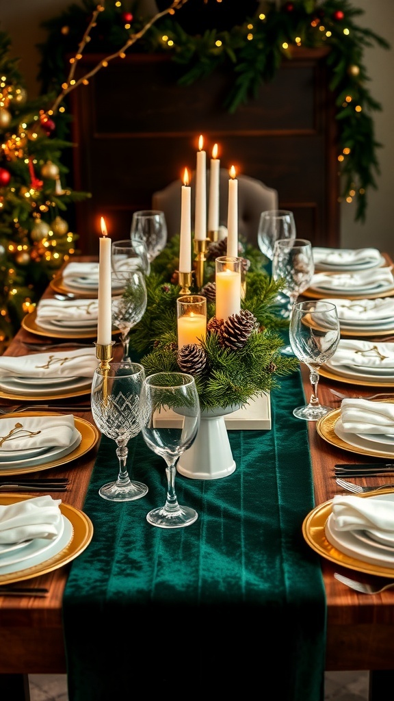 Christmas table decorated with emerald green velvet runner, elegant dinnerware, candles, and fresh greenery.